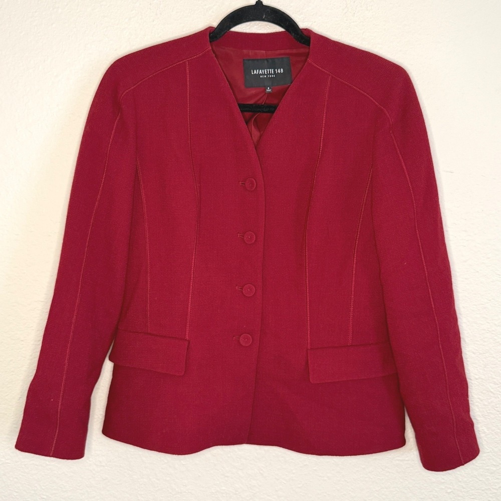 Lafayette 148 Womens 6 Red Wool Blazer Collarless Corpcore Career Capsule‎ Work